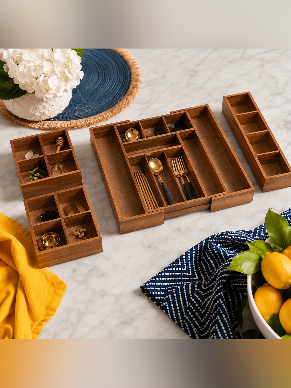 Seville Classics Acacia Expandable Drawer Organizer 4-Piece Set
